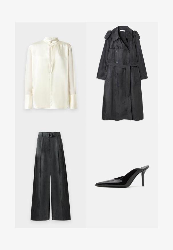 Long dark gray trench coat made of soft suede-like material with double breasted buttons, shoulder epaulettes, and a matching waist belt.; White silk blouse with long sleeves, stand collar, and a front button closure. Smooth texture and minimalist design without patterns.; Wide-leg trousers in dark gray, featuring a smooth texture, pleats, and a belt with a silver buckle at the high waist.; Black patent leather high-heeled mule with a pointed toe and a sleek silhouette, featuring an open back and a slender stiletto heel.