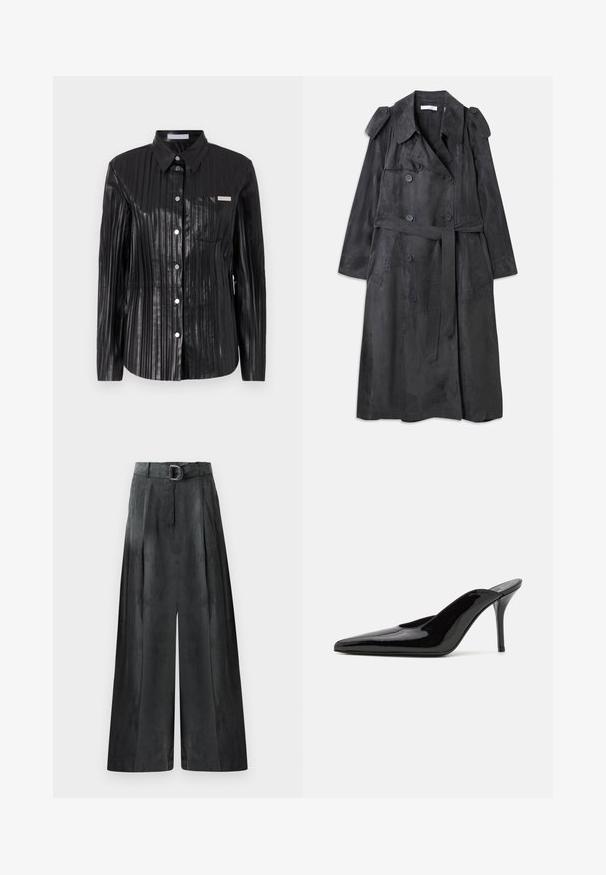 Lang, donkergrijze trenchcoat gemaakt van zacht suede-achtig materiaal met dubbelzijdige knopen, schouderepauletten en een bijpassende taille riem.; Zwarte gepolijste shirt met verticale ribbelstructuur, lange mouwen, puntige kraag, knoopsluiting aan de voorkant en een klein borstzakje.; Wijde broek in donkergrijs, met een gladde textuur, plooien en een riem met een zilveren gesp op de hoge taille.; Zwarte gepatineerde leren hoge hak muiltjes met een spitse neus en een slanke silhouet, met een open achterkant en een slanke stilettohak.