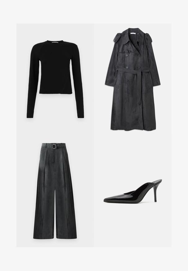 Lang mørkegrå trenchcoat lavet af blødt suede-lignende materiale med dobbelte knapper, skulderbånd og et matchende taljebælte.; Sort langærmet crop top lavet af blødt stof, med en rund halsudskæring og en let asymmetrisk kant med en subtil logo-detail.; Bredde benbukser i mørkegrå, med en glat tekstur, folder og et bælte med en sølvspænde i høj talje.; Sorte lakerede højhælede mulesko med spids tå og en slank silhuet, der har åben hæl og en slank stilettohæl.