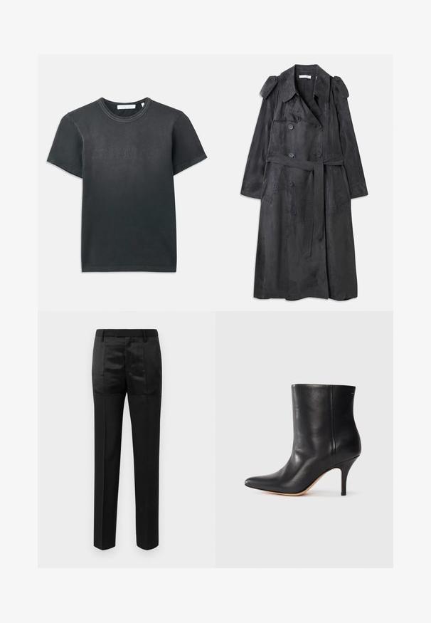 Long dark gray trench coat made of soft suede-like material with double breasted buttons, shoulder epaulettes, and a matching waist belt.; Black cotton t-shirt with short sleeves, featuring a ribbed crew neckline and embossed "HELMUT LANG" logo on the front. Smooth texture.; Black tailored trousers with straight legs and a waistband with belt loops, featuring a mix of matte and shiny fabric panels.; Black leather ankle boot with pointed toe, slim stiletto heel, and smooth texture. Minimalist design with no visible hardware or accents.