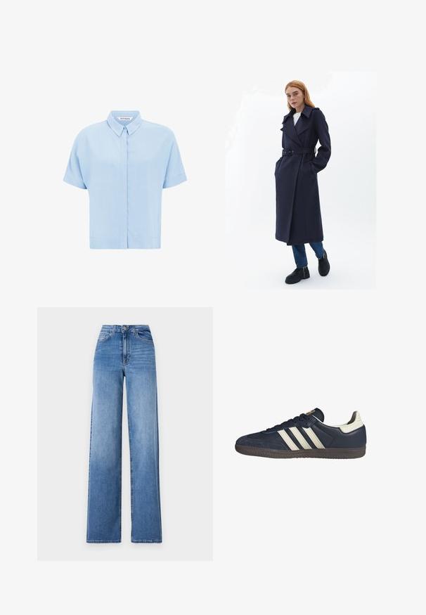 Granatowy płaszcz trench z paskiem w talii, szerokimi klapami i bocznymi kieszeniami, wykonany z teksturowanej tkaniny. Noszony na niebieskich dżinsach i czarnych butach.; Jasnoniebieska koszula krótki rękaw z miękkiego materiału, charakteryzująca się zapinanym przodem i klasycznym kołnierzykiem. Gładka tekstura i luźny krój.; Jasnoniebieskie dżinsy z szerokimi nogawkami, wykonane z denimu, z wysokim stanem, przednimi kieszeniami i standardowym zapięciem na guzik. Gładka tekstura.; Ciemnoniebieskie skórzane trampki z trzema beżowymi paskami, teksturowanym noskiem i brązową gumową podeszwą, z kontrastującym białym detalem na pięcie.