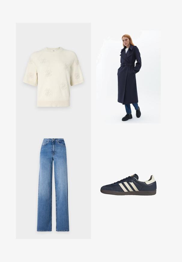 Marinblå trenchcoat med bælte i taljen, brede revers og sidelommer, lavet af et struktureret stof. Båret over blå jeans og sorte sko.; Creme kortærmet sweater med blomsterbroderi, rund halsudskæring og ribbet detalje ved ærmer og bund. Blød tekstur og afslappet pasform.; Lyseblå vide denimbukser med høj talje, frontlommer og standard knaplukning. Glat tekstur.; Mørkeblå lædersneakers med tre beige striber, en struktureret tåhætte og en brun gummisål, som har en kontrasterende hvid hældetalje.