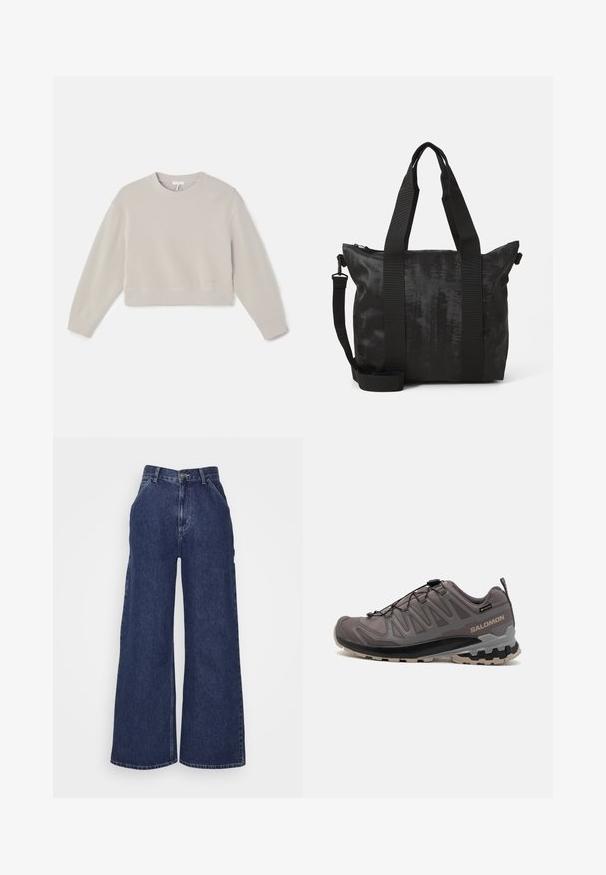 Light brown zip-up jacket with beige and black stripes on sleeves, high collar, side pockets, and small white "obey" logo on chest.; Cropped sweatshirt in light gray knit fabric. Features long sleeves, a round neckline, and ribbed cuffs and hem. Subtle logo detail at hem.; Black ribbed crop top with a round neckline and sleeveless design. Features a white logo centered on the chest. Smooth texture.; Wide-leg denim jeans in dark blue, featuring a high waist, front pockets, and a zipper fly with a metal button. Smooth texture and classic design.; Gray outdoor shoe with a mesh and synthetic upper, a padded collar, and a textured sole featuring deep treads for traction. Adjustable lacing system.; Black tote bag with textured fabric, dual top handles, and a detachable shoulder strap. Features a zippered closure for secure storage.