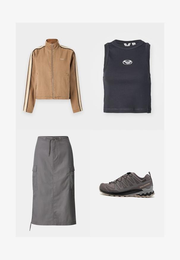 Jasnobrązowa kurtka zapinana na zamek z beżowymi i czarnymi paskami na rękawach, wysokim kołnierzem, bocznymi kieszeniami oraz małym białym logo "obey" na klatce piersiowej.; Czarny prążkowany crop top z okrągłym dekoltem i bez ramiączek. Posiada biały logo umieszczone na środku klatki piersiowej. Gładka tekstura.; Szara spódnica cargo z lekkiego materiału, z elastycznym pasem na sznurek, bocznymi kieszeniami oraz prostym krojem z nieco dłuższym tylnym brzegiem.; Szare buty outdoorowe z siateczkowej i syntetycznej cholewki, wyściełanym kołnierzem oraz teksturowaną podeszwą z głębokimi nacięciami dla lepszej przyczepności. Regulowany system sznurowania.