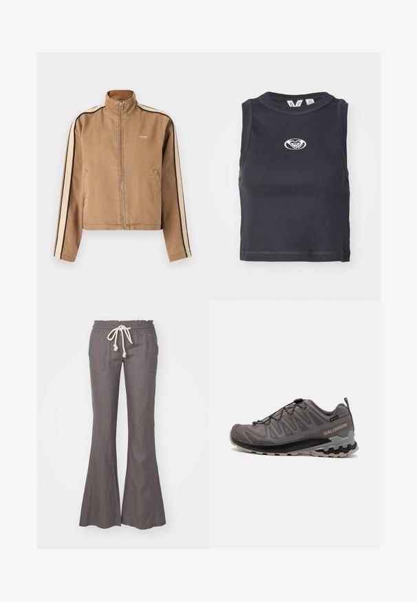 Giacca zip-up color marrone chiaro con strisce beige e nere sulle maniche, colletto alto, tasche laterali e un piccolo logo bianco "obey" sul petto.; Top corto nero a costine con scollatura rotonda e design senza maniche. Presenta un logo bianco centrato sul petto. Texture liscia.; Pantaloni in lino grigio a sbuffo con vita elastica e lacci. Presentano due tasche frontali e una superficie liscia in tutta la loro estensione.; Scarpa da esterno grigia con tomaia in rete e sintetico, collare imbottito e suola testurizzata con scanalature profonde per una migliore aderenza. Sistema di allacciatura regolabile.