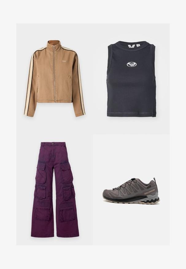 Chaqueta de cremallera color marrón claro con rayas beige y negras en las mangas, cuello alto, bolsillos laterales y pequeño logo blanco "obey" en el pecho.; Top corto negro con canalé, con cuello redondo y diseño sin mangas. Presenta un logotipo blanco centrado en el pecho. Textura suave.; Pantalones cargo morados con pierna ancha, que cuentan con múltiples bolsillos frontales y laterales, costuras en contraste y un cierre de botón en la cintura.; Zapato exterior gris con parte superior de malla y sintético, cuello acolchado y suela texturizada con surcos profundos para tracción. Sistema de cordones ajustable.