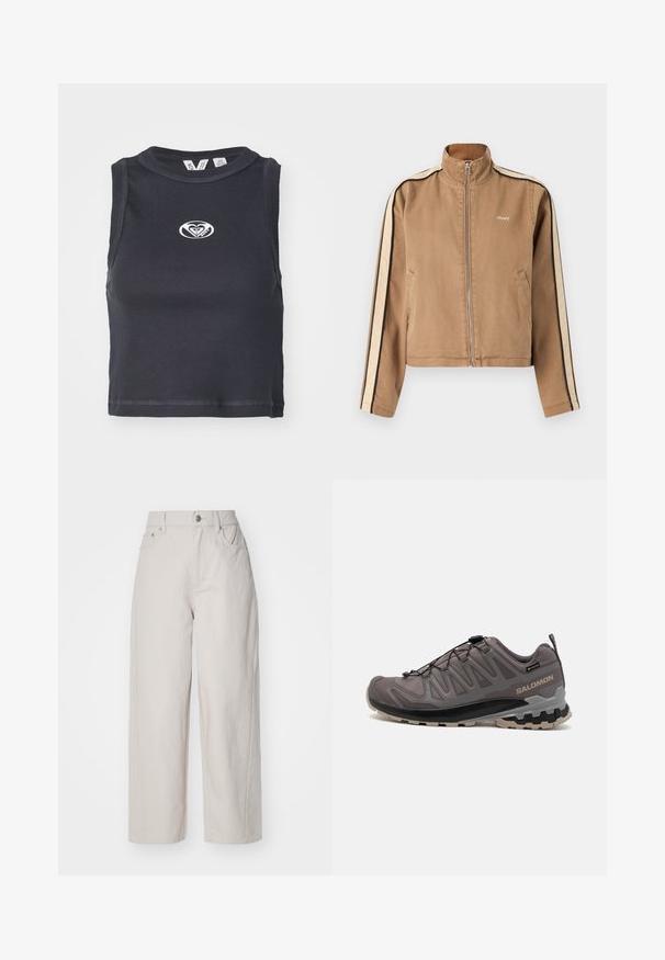 Vaalea ruskea vetskari takki, jossa on beige ja mustat raidat hihoissa, korkea kaulus, sivutaskut ja pieni valkoinen "obey" logo rinnassa.; Mustat ribbikankaiset lyhyet topit, joissa on pyöreä kaula-aukko ja hihattomuus. Keskellä rintaa on valkoinen logo. Silkkinen rakenne.; Beige leveleina puuvillapöksyt korkealla vyötäröllä, nappi- ja vetoketjusuljenta, sekä neljä taskua; sileä rakenne denimiä jäljittelevällä viimeistelyllä.; Housut harmaat ulkoilujalkineet, joissa on verkko- ja synteettinen yläosa, pehmustettu nilkkaosa ja kuvioitu pohja syvillä urilla pidon parantamiseksi. Säädettävä nauhaku süsteemi.