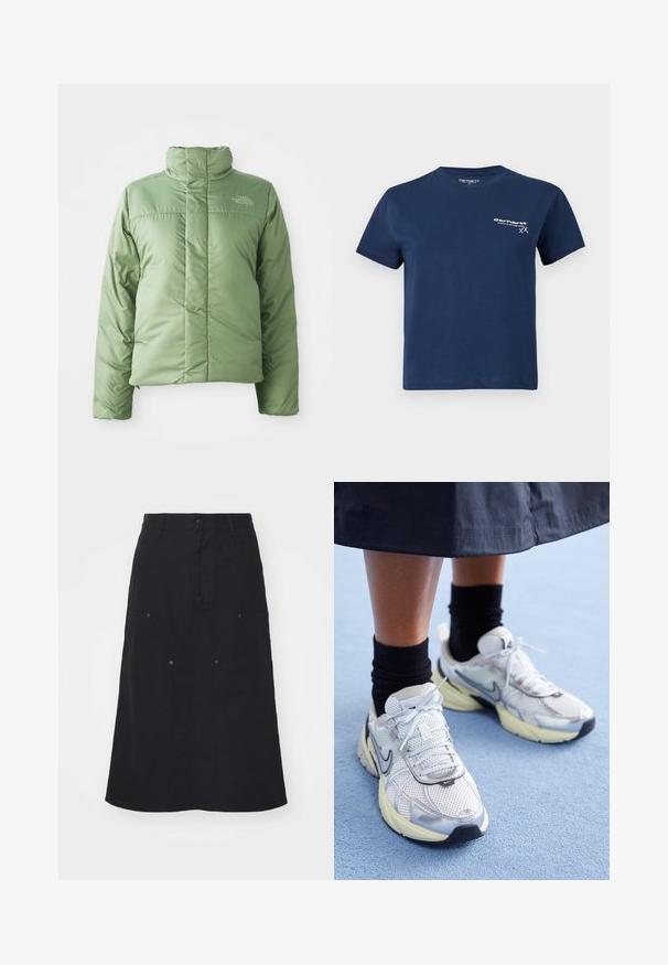 Svijetlozelena jakna s punjenjem, visoki ovratnik, zatvaranje na patentni zatvarač i šivani šavovi. Ima logo na prsima i glatku, sjajnu teksturu tkanine.; Tamno plava pamučna majica s kratkim rukavima, okruglim izrezom i bijelim logotipom otisnutim na prednjoj lijevoj strani. Jednostavan dizajn, glatka tekstura.; Crna suknja od pamuka, s prednjim zatvaranjem na gumbe, dva velika detalja džepa i ravnim drugim siluetom. Glatka tekstura.; Bijele i srebrne Nike tenisice od mrežaste tkanine, s reflektirajućim detaljima i bež potplatom. Nosi se s crnim čarapama, stojeći na plavoj površini.