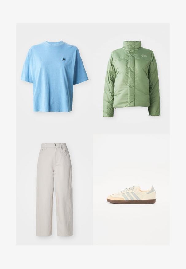 Lichtgroene pufferjack met een hoge kraag, ritssluiting en gestikte naden. Kenmerkt zich door een logo op de borst en een gladde, glanzende stofstructuur.; Lichtblauwe katoenen t-shirt met ronde hals, korte mouwen en een vierkante logopatch op de linkerborst. Zachte textuur en een relaxte pasvorm.; Beige wijde katoenbroek met hoge taille, knoop- en ritssluiting, en vier zakken; zachte textuur met denimafwerking.; Sneakers met een crèmekleurig leren bovenwerk, lichtblauwe strepen en perzikkleurige accenten. Beschikt over een getextureerde bruine rubberen zool en een minimalistisch ontwerp.