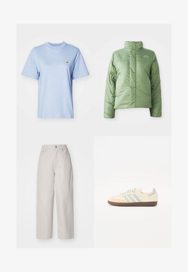 Giacca piumino verde chiaro con colletto alto, chiusura a zip e cuciture cucite. Presenta un logo sul petto e una texture del tessuto liscia e lucida.; T-shirt di cotone azzurro chiaro con maniche corte, scollatura tonda e piccolo logo ricamato giallo sul petto. Tessuto morbido, vestibilità comoda.; Pantaloni in cotone beige a gamba larga con vita alta, chiusura con bottone e zip, e quattro tasche; texture liscia con finitura in denim.; Sneaker con una toma in pelle crema, strisce azzurre chiare e accenti pesca. Presenta una suola in gomma marrone testurizzata e un design minimalista.