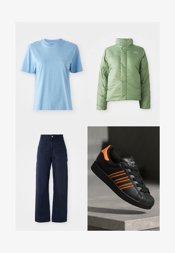 Svetlo zelena pufasta jakna z visokim ovratnikom, zadrgo in šivi. Ima logotip na prsih in gladko, sijočo teksturo tkanine.; Majica s kratkimi rokavi in okroglim ovratnikom, izdelana iz mehkega bombaža v svetlo modri barvi, s pomočnim belim Carhartt logotipom na prsih. Gladka tekstura.; Mornarsko modri široki cargo hlače iz trdnega bombažnega blaga, z bočnimi žepi in gumbom za zapiranje na pasu.; Črne športne copate z oranžnimi akcenti, tremi vodoravnimi črtami, zgornjim delom iz teksturirane usnjene tkanine, gumijastim zaščitnim pokrovom za prste in črnimi vezalkami.