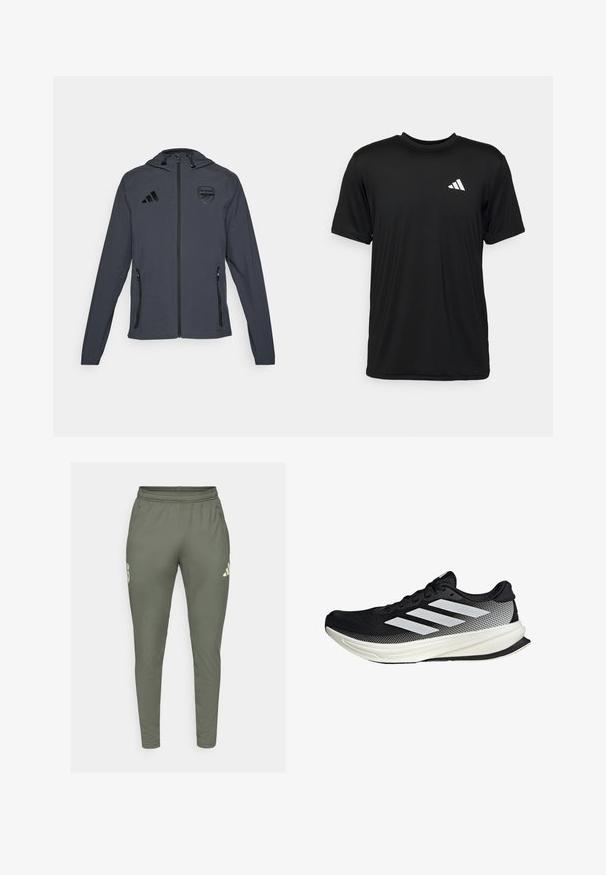 Grijze hooded jas met zwarte accenten, voorzien van een rits aan de voorkant, twee zijzakken en een Arsenal-logo op de linkerbovenborst. Lichtgewicht materiaal.; Zwarte T-shirt met korte mouwen, gemaakt van lichtgewicht, vochtafvoerend materiaal. Bevat een wit logo op de bovenste linkerkant van de borst.; Olijfgroene trainingsbroek met een slim fit, elastische tailleband en zijzakken. Bevat een logo op de linker dij en contrasterende accenten.; Zwarte sportieve schoen met een mesh ontwerp, voorzien van witte strepen, een ronde neus en een gestructureerde zool voor grip en ondersteuning.