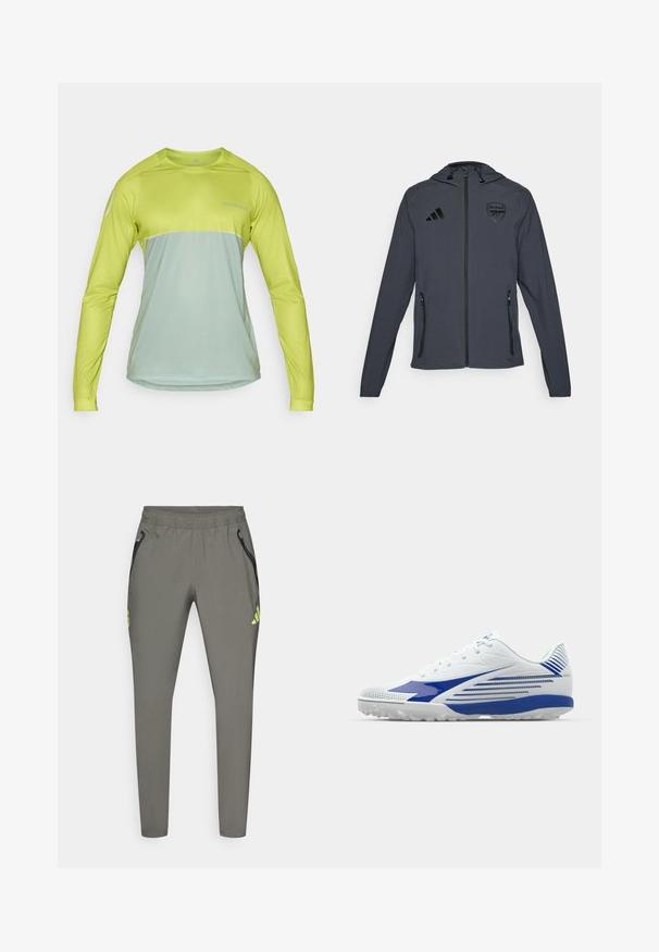 Chaqueta con capucha gris y detalles en negro, que presenta un cierre frontal, dos bolsillos laterales y un logo del Arsenal en el lado izquierdo del pecho. Material ligero.; Camisa de rendimiento de manga larga en un brillante verde lima y un suave verde menta, con un escote redondo y un tejido ligero y transpirable.; adidas Performance REAL MADRID C VISTECH P - Equipación de clubes - utility grey/semi frozen yellow; Zapatilla deportiva blanca con acentos azules, parte superior de malla texturizada, diseño curvado y suela de goma con patrones de agarre. Cierre con cordones para un ajuste seguro.