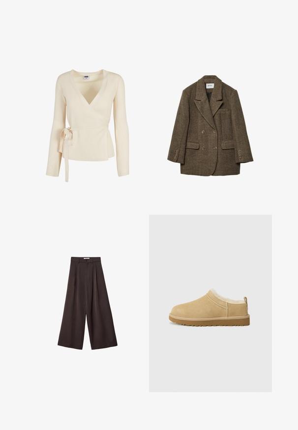 Smeđi tvid dvostrano zapet blazer s rever ovratnikom, dva prednja džepa i šest dugmadi na rukavima. Teksturalni, strukturirani dizajn.; Bež prugasta bluzica s dubokim V-izrezom, dugim rukavima i vezanjem u struku. Mekana tekstura s suptilnim uzorkom.; Dva topa: jedan u tamnosmeđoj boji s rebrastom teksturom i širokim naramenicama, a drugi u boji slonovače s glatkom tkaninom i sličnim dizajnom.; Crne široke hlače s visokim strukom, s prednjim plisiranjima i kopčanjem na dugme u struku, izrađene od glatkog materijala.; Suede slip-on cipela u svijetlosmeđoj boji, s mekanom krznom oblogom i teksturiranom gumenom potplatom s malim potpeticama i trakom na stražnjem dijelu za jednostavno obuvanje.
