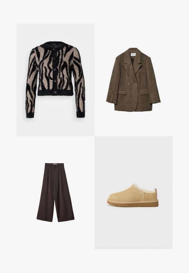 Rjav karo dvoredni blejzer z odrezanim ovratnikom, dvema sprednjima žepoma in šestimi gumbnimi poudarki na rokavih. Teksturiran, strukturiran dizajn.; Vero Moda Petite VMVALENTINA O NECK CARDIGAN - Jopica - black/silver mink; Dve majice brez rokavov: ena v temno rjavi barvi z rebrastim teksturo in širokimi naramnicami, druga v off-white, gladkem materialu s podobnim dizajnom.; Črne široke hlače z visokim pasom, ki vsebujejo sprednje nabore in z gumbom za zapiranje na pasu, izdelane iz gladkega materiala.; Semiš čevlji brez vezalk v svetlo rjavi barvi, z mehakim krznom znotraj in teksturiranim gumijastim podplatom ter rahlim petnim delom in zadnjim zanko za lažje obuvanje.