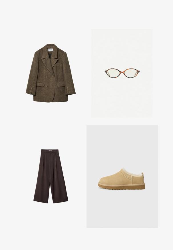 Smeđi tvid dvostrano zapet blazer s rever ovratnikom, dva prednja džepa i šest dugmadi na rukavima. Teksturalni, strukturirani dizajn.; Smeđi, labavo pleteni pulover s asimetričnim rubom i širokim izrezom. Mekana tekstura s rebrastim manžetama i oznakom na unutrašnjem izrezu.; Crne široke hlače s visokim strukom, s prednjim plisiranjima i kopčanjem na dugme u struku, izrađene od glatkog materijala.; Suede slip-on cipela u svijetlosmeđoj boji, s mekanom krznom oblogom i teksturiranom gumenom potplatom s malim potpeticama i trakom na stražnjem dijelu za jednostavno obuvanje.; Naočale u boji kornjače s ovalnim staklima i elegantnim, glatkim završetkom. Imaju tanke strane s suptilnom krivuljom na sljepoočnicama. Prozirna stakla.