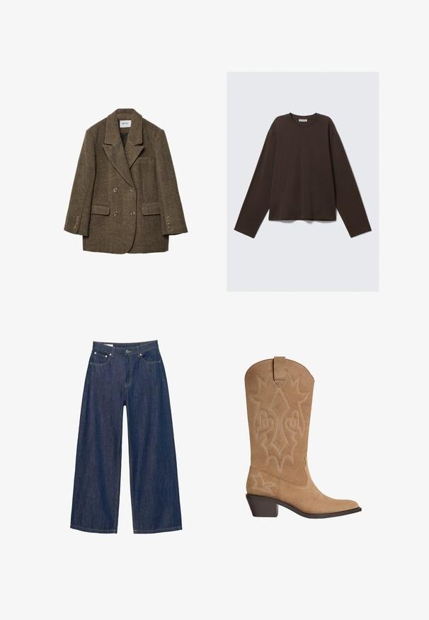 Rjav karo dvoredni blejzer z odrezanim ovratnikom, dvema sprednjima žepoma in šestimi gumbnimi poudarki na rokavih. Teksturiran, strukturiran dizajn.; Rjava srajca z dolgimi rokavi, izdelana iz mehke tkanine, s kroga ovratnikom in ohlapnim fitom, osnovnega dizajna, brez dodatnih vzorcev ali okovja.; Široke jeans hlače v temno modrem jeans materialu, z gumbnim zapiranjem, sprednjimi žepii, in rumenim šivom vzdolž šivov. Gladka tekstura.; Rjave semiš kavbojke z vezenim okrasnim šivom, srednje visoka ploska podloga in zanko na zgornjem delu.