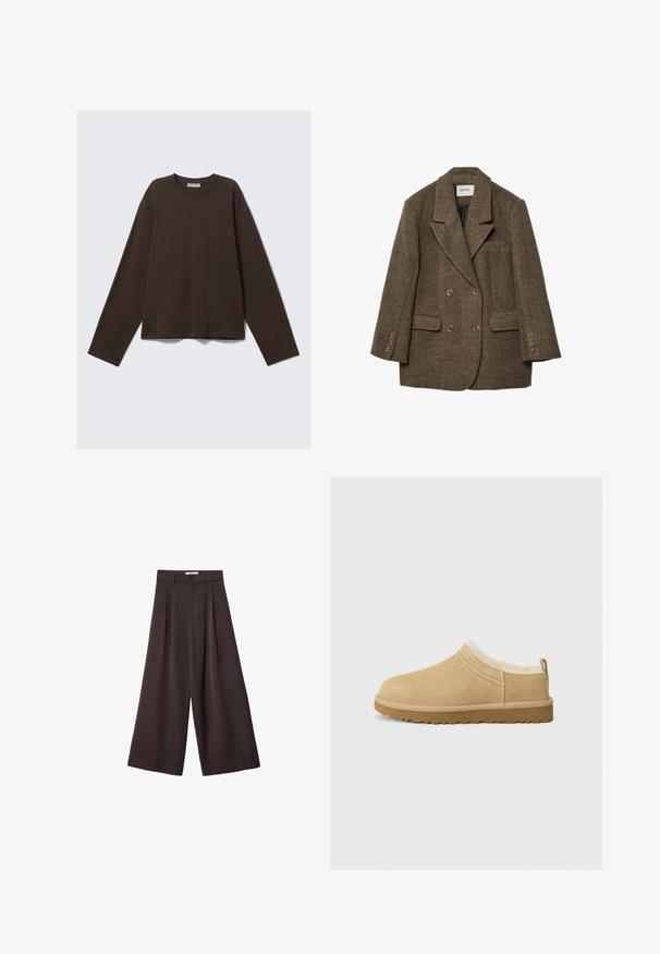 Brązowy żakiet dwurzędowy z wełny tweedowej, z klapami, dwiema przednimi kieszeniami i sześcioma guzikami na rękawach. Teksturowany, strukturalny design.; Brązowa koszula z długim rękawem, wykonana z miękkiego materiału, z okrągłym dekoltem i luźnym krojem, o podstawowym wzornictwie, bez dodatkowych wzorów czy hardware'u.; Czarne spodnie z szerokimi nogawkami i wysokim stanem, z plisami z przodu oraz zapięciem na guzik w talii, wykonane z gładkiego materiału.; Zamszowe buty typu slip-on w jasnym odcieniu brązu, z miękką futrzaną wyściółką oraz teksturowaną gumową podeszwą z delikatnym obcasem i uchwytem z tyłu dla łatwego zakładania.