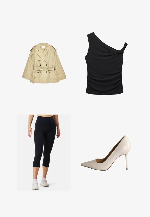 Beige trenchcoat dengan bagian depan double-breasted, kerah besar, dan epaulet bahu. Dilengkapi dengan pinggang berikat dan saku samping.; Mustapaitapusero, jossa on yksi olka, pehmeästä ja joustavasta kankaasta, sivu rypytys ja kierteinen yksityiskohta kaula-aukossa. Sujuva pinta ja kapean istuvuuden muotoilu.; Mustat urheilulegginsit, joissa on korkea vyötärö ja lyhyt pituus, valmistettu sileästä kankaasta, yhdistetty valkoisiin lenkkareihin ja nilkkasukkiin.; Valkoinen nahkainen korkokenkä, jossa on terävä kärki ja leikattu yksityiskohta. Varustettu kapealla stiletto-korkolla ja sileällä pinnalla, suunniteltu juhlapukeutumiseen.