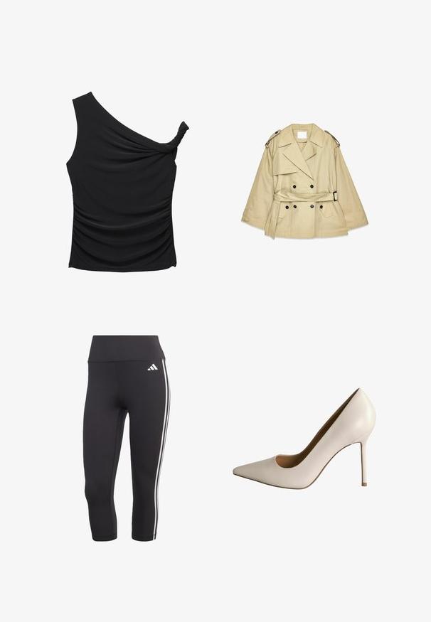 Beige trenchcoat dengan bagian depan double-breasted, kerah besar, dan epaulet bahu. Dilengkapi dengan pinggang berikat dan saku samping.; Mustapaitapusero, jossa on yksi olka, pehmeästä ja joustavasta kankaasta, sivu rypytys ja kierteinen yksityiskohta kaula-aukossa. Sujuva pinta ja kapean istuvuuden muotoilu.; Mustat kolmen neljäsosan leggingsit, jotka on valmistettu joustavasta materiaalista, leveällä vyötärönauhalla ja kolmella valkoisella raidalla sivuilla.; Valkoinen nahkainen korkokenkä, jossa on terävä kärki ja leikattu yksityiskohta. Varustettu kapealla stiletto-korkolla ja sileällä pinnalla, suunniteltu juhlapukeutumiseen.