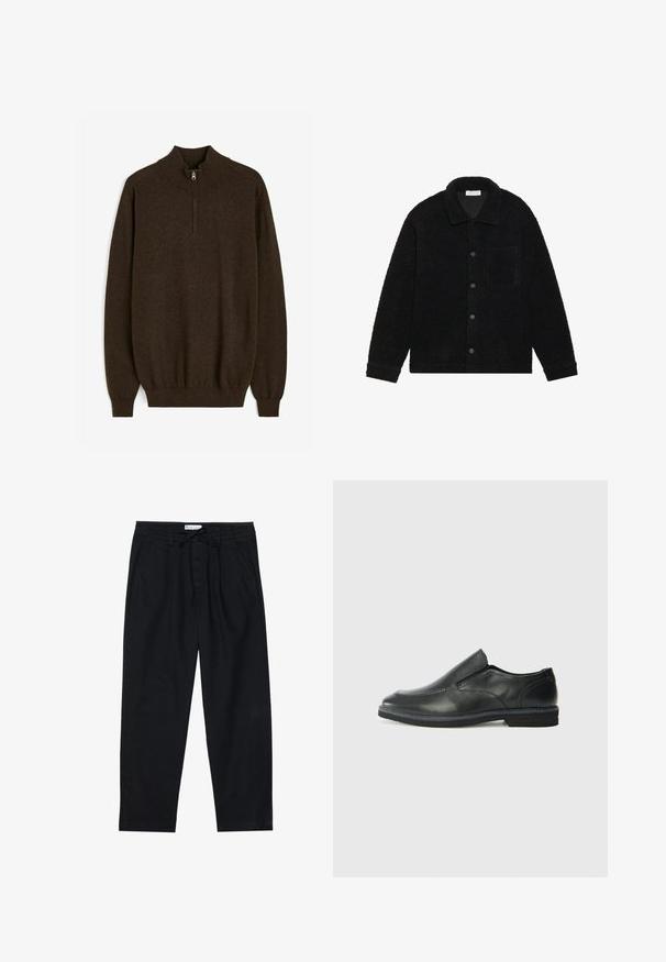 Svart, texturerad jacka i tjock fleece, med krage, framknäppning och en enda bröstficka.; Brun pullovertröja med hög krage, halvdragkedja och ribbade ärmslut och nederkant. Har en slät,stickad textur.; Pier One Chinos - black; Svart lädersko i slip-on-modell med en slät ovandel, sömnadsdetaljer, rund tå och låg gummihäl. Sulan har minimal mönstring.