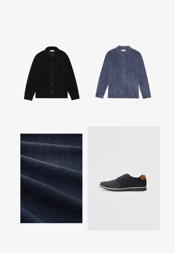 Fekete, texturált dzseki vastag plüss anyagból, amely gallérral, elülső gombokkal és egyetlen mellzsebbel rendelkezik.; Sötétkék kordbársony ing, gallérral, elülső zsebbel és gombos mandzsetta hosszú ujjakkal; texturált felület.; Sötétkék farmer anyag bordázott textúrával, ráncokkal és hullámokkal, amelyek hangsúlyozzák a súlyát és tartósságát.; Fekete szintetikus cipők, textúrált felsőrésszel, sima díszítésekkel, barna sarkával és kontrasztos talppal. Minimális fűzéssel és varrási részletekkel rendelkezik.