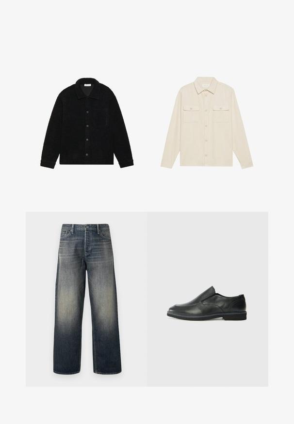 Must mustriga must paksust fliiskangast jakki, millel on krae, ees nööbid ja üks rinnatasku.; Beežist corduroy-särk pikade varrukatega, terava kraega ja kahe rinna taskuga. Omab nööpidega esist avamist ja tekstuurset kangast.; Tumed sinised laiad teksad, millel on gradient-efekt, nupuväärist, viie-tasku disain ja struktureeritud õmblused.; Must musta laia suuga king, millel on sile ülemine osa, õmmeldud detailid, ümmargune nina ja madal kummist konts. Tallal on minimaalne mustr.