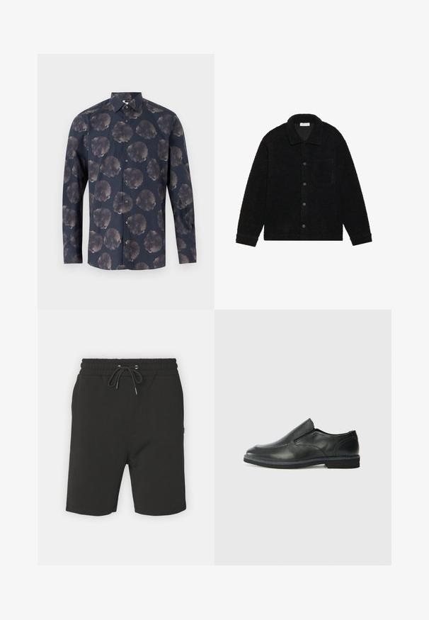 Black, textured jacket made of thick fleece material, featuring a collar, front buttons, and a single chest pocket.; Long-sleeve shirt in dark navy with a floral pattern featuring large, muted flowers. Button-up front with classic collar and fabric texture.; Black cotton shorts with an elastic waistband, drawstring closure, and side pockets. Smooth texture; knee-length design.; Black leather slip-on shoe with a smooth upper, stitched accents, rounded toe, and a low rubber heel. Sole features minimal tread.
