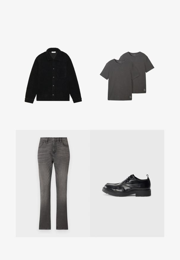 Svart, teksturert jakke laget av tykk fleece, med krage, frontknapper og en enkelt brystlomme.; To korte ermer t-skjorter i kolgrå, laget av myk bomullsblanding, med rund hals og en liten logo-detalj ved kanten.; Grå denimjeans med rett benklipp, med en klassisk fem-lomme design og subtil falming. Standard knapp- og glidelås-lukking.; Sorte skinnsko med rund tå, snøring foran og dekorativ søm. Har en tykk, strukturell gummisåle og hælflik.