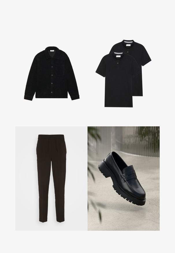 Must mustriga must paksust fliiskangast jakki, millel on krae, ees nööbid ja üks rinnatasku.; Kaks musta polo särki, lühikeste varrukatega, puuvillane materjal, klassikalise kraega, kahe nupuga kinnitusega, valgete triipudega krae sisepinnal.; Mustad, pikad, kitsenevad püksid, mis on valmistatud pehmest ja siledast materjalist. Omavad elastset vöökohta, millel on reguleeritav nöör.; Mustad nahkseid loafereid paksu tallaga, kaunistatud rihma ja õmbluse detailidega. Siledat tekstuuri kaunistab läikiv viimistlus.