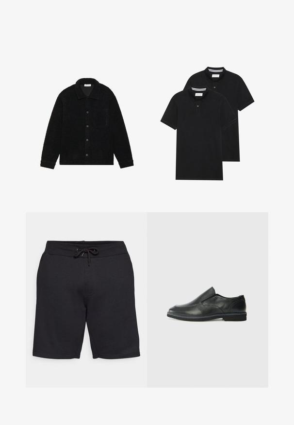 Črna, teksturirana jakna iz debele flis tkanine, z ovratnikom, sprednjimi gumbi in enim žepom na prsih.; Dve črne polo majice, kratke rokave, iz bombažnega materiala, z klasik ovratnikom, dvobodno zaponko in belimi črtkami znotraj ovratnika.; Črne bombažne kratke hlače z elastičnim pasom in vrvico. Imajo stranske žepke in gladko teksturo z šivanimi šivi.; Črne usnjene natikače z gladkim zgornjim delom, prišitimi detajli, zaobljenim nosom in nizkim gumijastim petkom. Podplat ima minimalen profil.