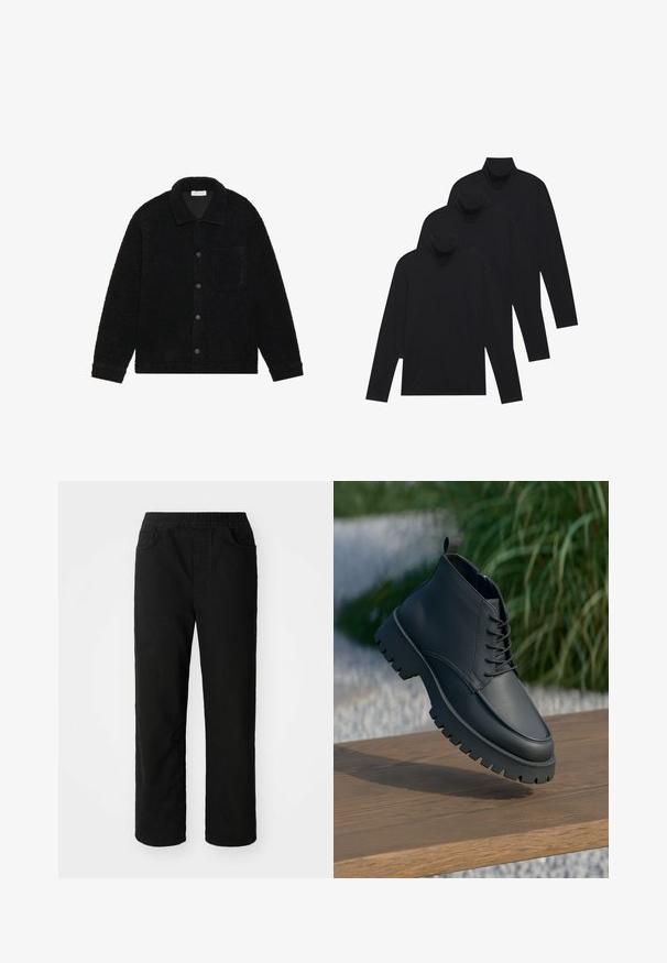 Svart, teksturert jakke laget av tykk fleece, med krage, frontknapper og en enkelt brystlomme.; Tre svarte langermede genseren med høy hals, pent stablet og overlappende, på en ensfarget hvit bakgrunn.; Sorte bomullsbukser med avslappet passform, elastisk midjebånd, to frontlommer og rette ben. Glatt tekstur uten synlige mønstre.; Svart lær ankelstøvlett med rund tå, snøring og en tykk, robust såle med dype mønstre. Hevet på en treflate.