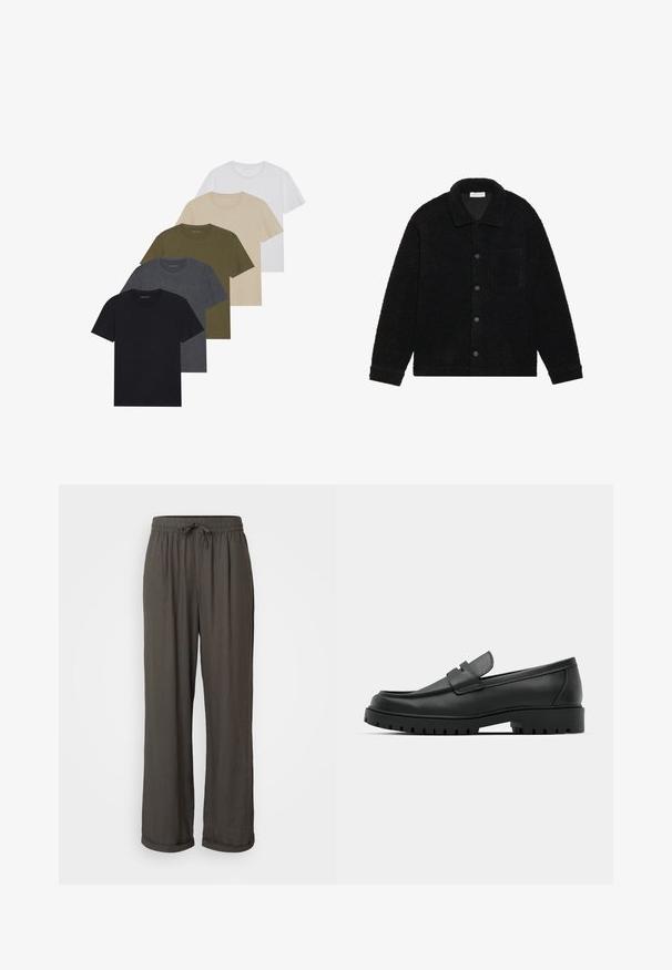 Black, textured jacket made of thick fleece material, featuring a collar, front buttons, and a single chest pocket.; Five crew-neck t-shirts arranged in a gradient: black, dark gray, olive green, beige, and white. Made from soft, breathable fabric.; Dark gray wide-leg pants with a drawstring waist, made of a soft, textured fabric, featuring rolled cuffs at the ankles.; Black leather loafers with a rounded toe, featuring a stitched design, low platform sole, and a textured, lugged rubber outsole.