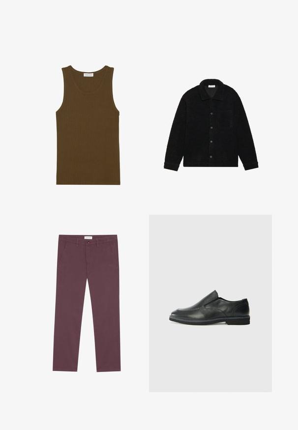 Black, textured jacket made of thick fleece material, featuring a collar, front buttons, and a single chest pocket.; Ribbed tank top in dark olive green, featuring a round neckline and sleeveless design, with finished edges and soft texture.; Maroon cotton pants with a straight-leg design, featuring two side pockets and a front button closure. Smooth texture and no visible patterns.; Black leather slip-on shoe with a smooth upper, stitched accents, rounded toe, and a low rubber heel. Sole features minimal tread.