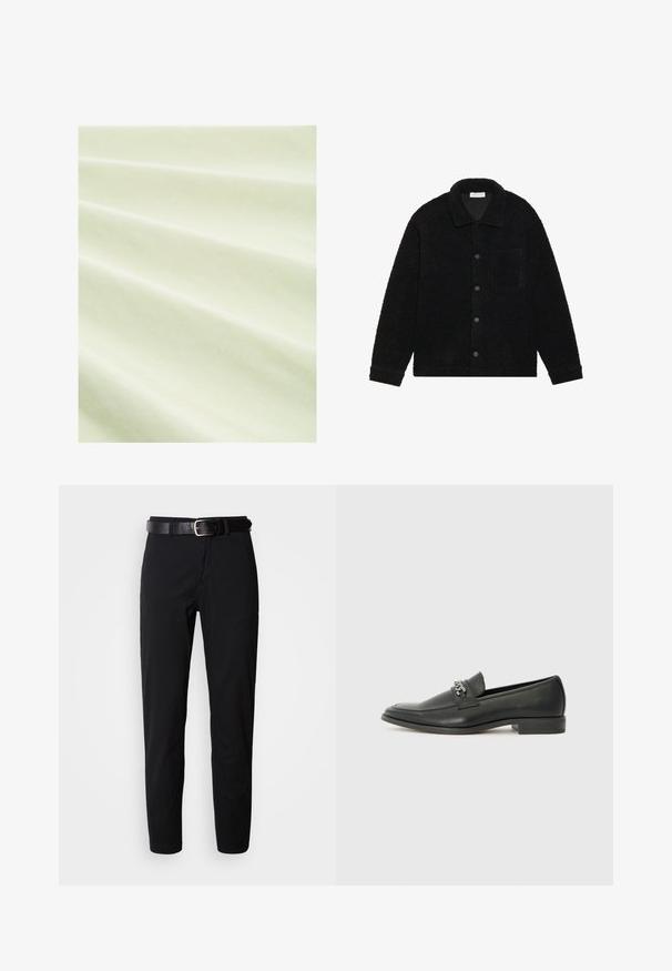 Črna, teksturirana jakna iz debele flis tkanine, z ovratnikom, sprednjimi gumbi in enim žepom na prsih.; Svetlozeleno blago z gladko teksturo, ki prikazuje plitke gube. Material se zdi lahek in rahlo odbojen pod mehko osvetlitvijo.; Črne hlače ravnega kroja, z gladko teksturo in črnim usnjenim pasom s srebrno spono. Preprost dizajn, brez vzorcev ali poudarkov.; Črni usnjeni loafer z gladko površino, ki ima šivano zasnovo in dekorativni kovinski verižni naglas preko vampirja. Ravno peto.