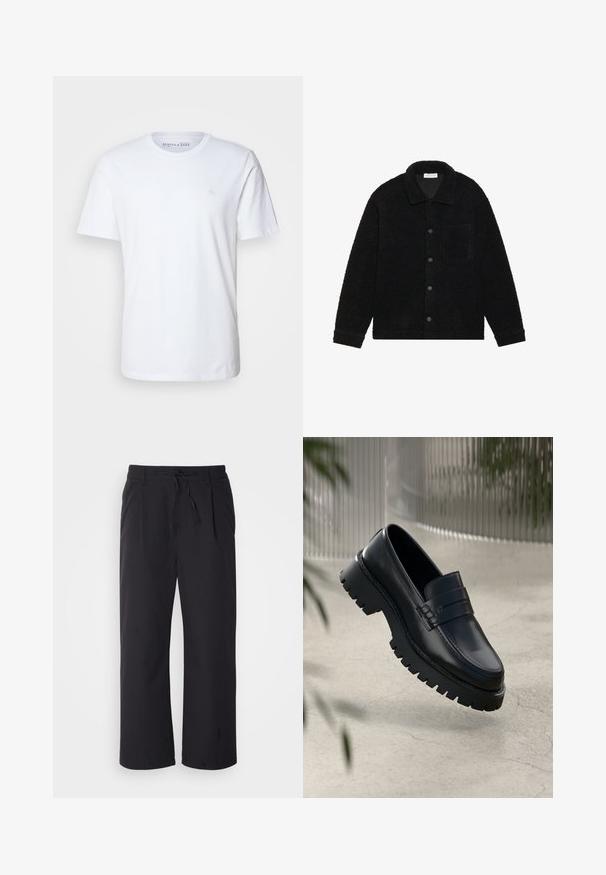 Black, textured jacket made of thick fleece material, featuring a collar, front buttons, and a single chest pocket.; Short-sleeve white t-shirt made of cotton. Features a crew neckline and a small embroidered logo on the left chest area.; Wide-leg pants in textured black fabric with a drawstring waistband, featuring two front pockets and a straight cut design.; Black leather loafers with a chunky tread sole, featuring a decorative strap and stitching detail. Smooth texture with a polished finish.