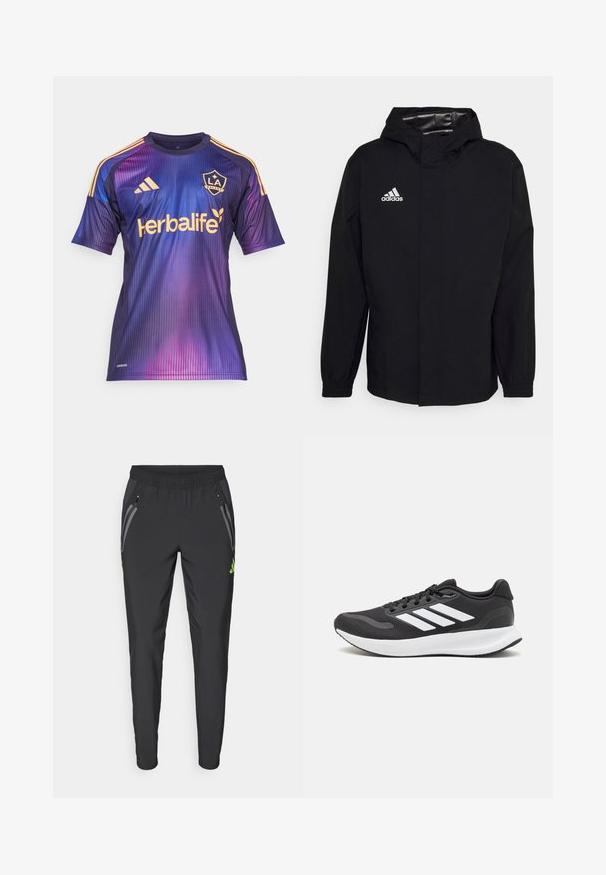 Giacca nera con cappuccio realizzata in materiale impermeabile. Presenta polsini elasticizzati, una cerniera frontale e il logo Adidas bianco sul lato sinistro del petto.; Maglia da calcio con gradiente viola e blu, caratterizzata da strisce verticali, dettagli dorati, un logo e testo dello sponsor in colore contrastante.; adidas Performance REAL MADRID TIRO25 PRO VIS TECH TRAVEL PANT - Squadra - black/lucid lemon; Scarpa sportiva nera con tomaia in mesh traspirante, dettagli bianchi e suola ammortizzata. Presenta il logo con tre strisce sul lato.