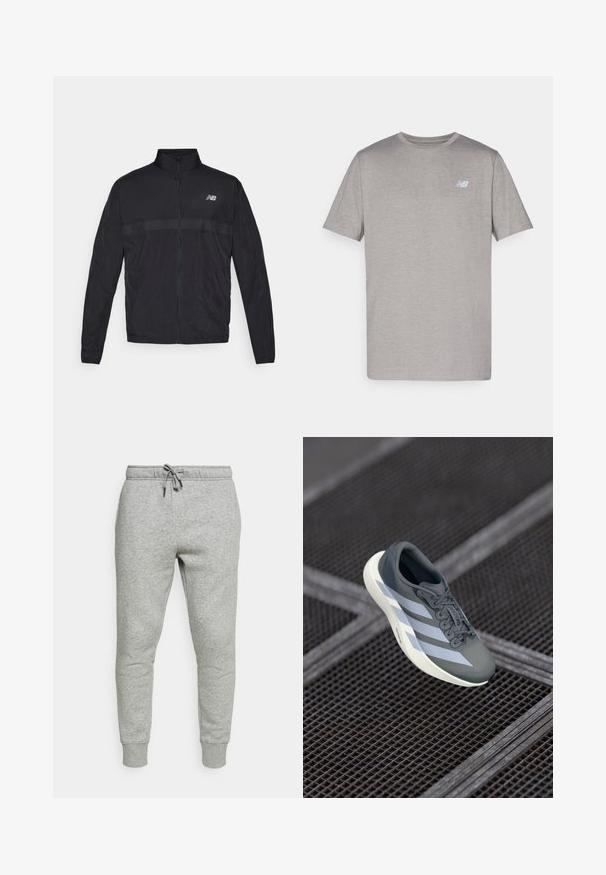 Svart lett jakke med høyt krage, hel glidelås og kontrastfarget perforert panel på brystet. Har New Balance-logo på venstre side.; Grå kortermet t-skjorte laget av myk stoff med en subtil logo i lys blått på venstre bryst. Rund hals, normal passform.; Grå joggebukser laget av myk bomullsblanding, med elastisk midje med snor og ribbede mansjetter ved anklene.; Sportsko leketøy i grått og hvitt, laget av syntetisk materiale, med et strømlinjeformet design, teksturert overflate og fremtredende snøresystem.