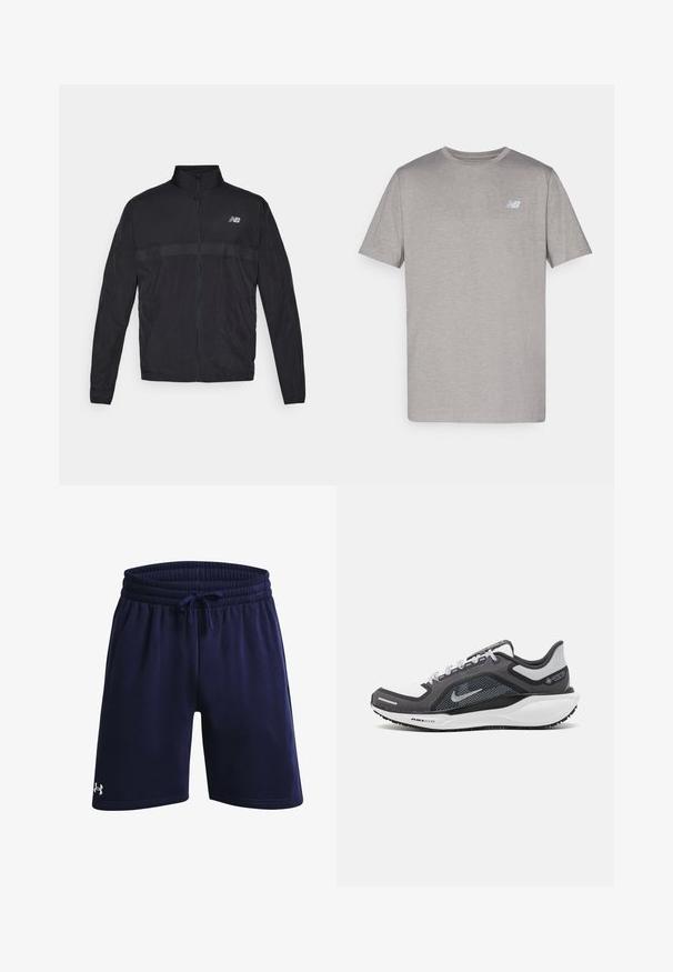 Čierna ľahká bunda s vysokým golierom, plným zipsom a kontrastnou perforovanou panelou na hrudi. Obsahuje logo New Balance na ľavej strane.; Šedé tričko s krátkym rukávom vyrobené z mäkkého materiálu, na ľavej hrudi s jemným svetlomodrým logom. Okrúhly výstrih, bežný strih.; Námorné športové šortky vyrobené z jemnej látky, s elastickým pásom a šnúrkou, a malým bielym logom na dolnej ľavej strane.; Čierna a sivá športová obuv s vrchnou časťou z priedušného materiálu, reflexné akcenty a biely medzipodrážka. Obsahuje štruktúrovanú gumovú podrážku a šnúrky.