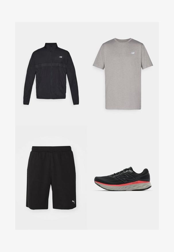 Melna viegla jaka ar augstu apkakli, pilnu rāvējslēdzēju un kontrastējošu perforētu paneli krūtīs. Uz kreisās puses ir New Balance logotips.; Pelēks īsa piedurkne T-krekls, izgatavots no mīkstas auduma, ar vieglu logo gaiši zilā krāsā kreisajā krūtī. Apaļš kakla izgriezums, regulāra piegrieztne.; Melni sporta šorti, izgatavoti no mīksta auduma ar elastīgu jostu, ar sānu kabatām un mazu atstarojošu logotipu apakšējā kreisajā stūrī.; Melnas skriešanas kedas ar sietu augšdaļu, akcentētas ar rozā vidussole joslu un pelēku zoli. Iespējamas tekstūras detaļas un elastīga zoles dizains.