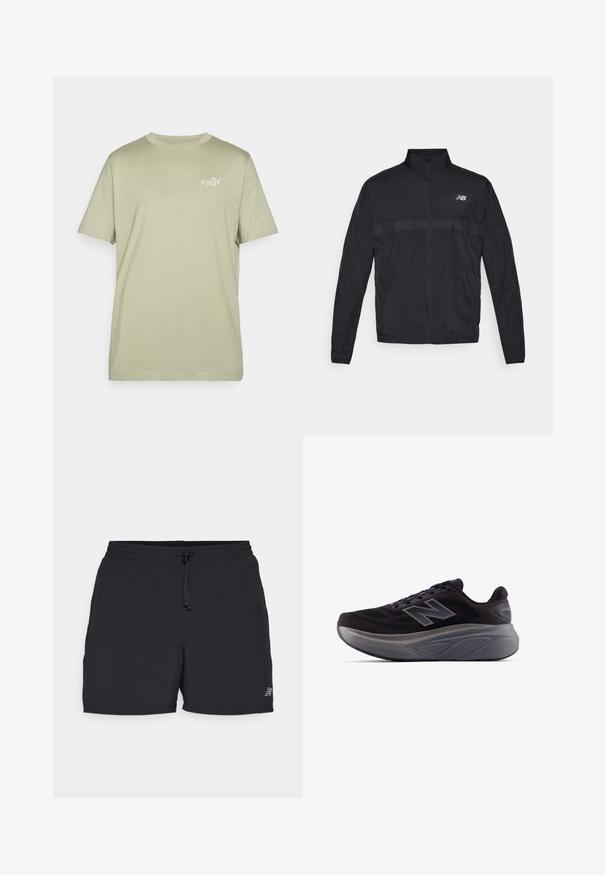 Mustat kevyet takki, jossa on korkea kaulus, koko vetoketju ja kontrastivärinen rei'itetty paneeli rinnassa. Vasemmalla puolella on New Balancen logo.; Oliivinvihreä t-paita, jossa on pyöreä kaula-aukko ja lyhyet hihat. Rinnassa on pieni valkoinen Puma-logo. Valmistettu pehmeästä, kevyestä kankaasta.; Mustat urheilu shortsit, jotka on valmistettu kevyestä kankaasta. Varustettu joustavalla vyötärönauhalla ja narulla, sivutaskuilla ja pienellä logotunnuksella.; Mustat urheilukengät, joissa on teksturoitu pinta, vahvistettu kanta ja paksu harmaa pohja. Ominaisuutena hyvin näkyvä "N"-logo.