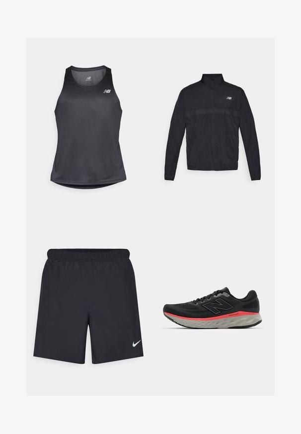 Juodas lengvas džemperis su aukštu apykakle, visiškai užtraukiamas užtrauktuku ir kontrastinga perforuota panelė krūtinės srityje. Kairėje pusėje matomas New Balance logotipas.; Juodas sportinis atletiškas rankovių marškinėliai, pagaminti iš drėgmę pašalinančios medžiagos, su apvaliu kaklu ir subtiliu tekstūruotu raštu, ant krūtinės su balta logo.; Juodos sportinės šortai, pagaminti iš lengvos medžiagos, su elastingu juosmeniu. Ant apatinės kairės pusės yra mažas baltas Nike logotipas.; Juoda bėgimo batelis su tinklelio viršumi, akcentuotas rožiniu vidiniu padų juosta ir pilku padu. Yra tekstūruoti detalės ir lankstus pado dizainas.