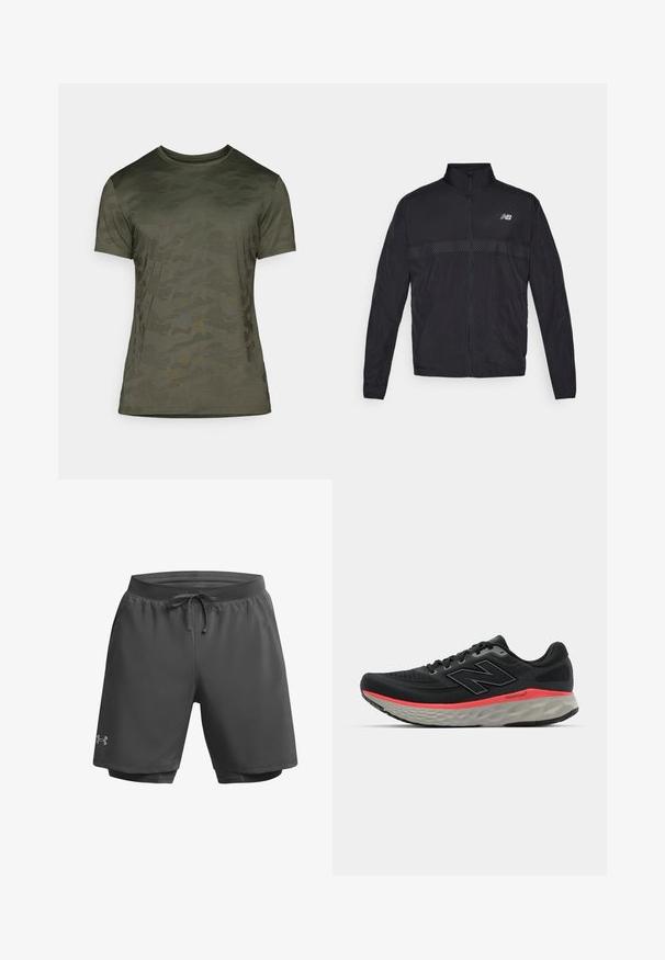 Black lightweight jacket with a high collar, full zip, and contrasting perforated panel at the chest. Features New Balance logo on the left side.; Olive green short-sleeve t-shirt, featuring a subtle camouflage pattern. Made from soft fabric with a crew neckline and a close fit.; Dark gray athletic shorts with an elastic waistband, adjustable drawstring, and inner mesh lining; features subtle branding on the left leg.; Black running shoe with mesh upper, accented by a pink midsole stripe and grey outsole. Features textured details and a flexible sole design.