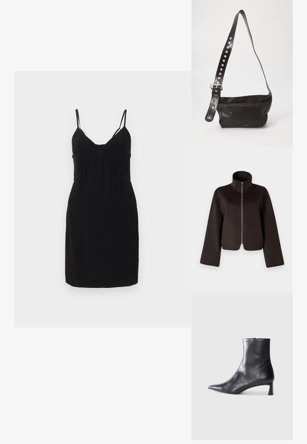 Fekete, rövidített bolyhos dzseki magas gallérral, teljes cipzárral és széles ujjal, puha textúrával és sima felülettel.; Fekete, ujjatlan ruha V-nyakkivágással, a mell alatt ráncos részletekkel és egyenes szabással. Sima anyagból készült.; Fekete bőr bokacsizma hegyes orral és letisztult dizájnnal. Alacsony sarka és hátsó cipzáras záródása van. Simának tűnő textúra.; Fekete bőr keresztbody táska texturált felülettel, széles, állítható pánttal, ezüst fém szegecsekkel és fémből készült csattal díszítve.