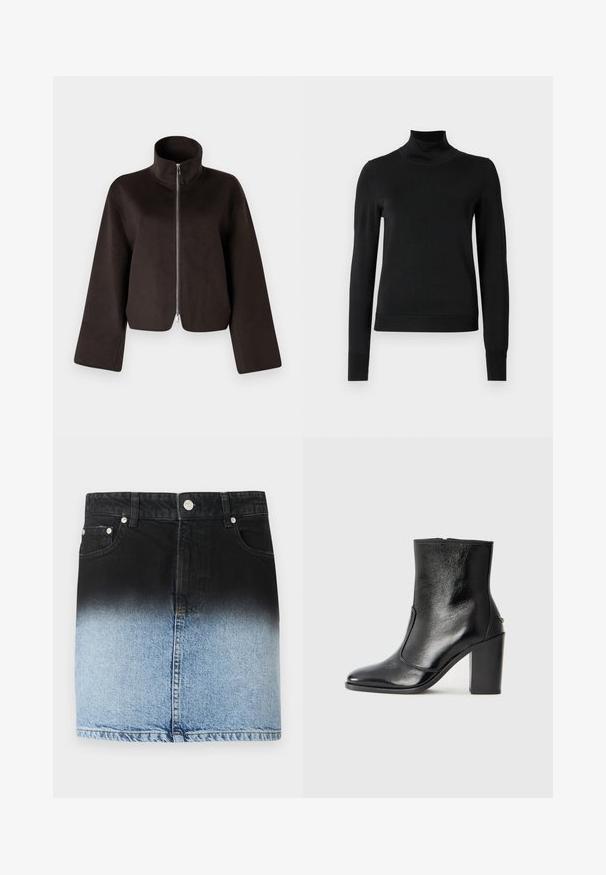 Čierna skrátená flísová bunda s vysokým golierom, plným zipsom a širokými rukávmi, ktorá sa vyznačuje mäkkou textúrou a hladkou povrchovou úpravou.; Čierny dlhý rukáv rolák s rebrovanými manžetami a lemom, zobrazený na čistej bielej pozadí.; Džínová sukňa s ombré dizajnom, prechádzajúca z čiernej na vrchu do svetlo modrej na spodnej časti. Päť vreciek a strieborné kovové detaily.; Čierna kožená kotníková obuv s hladkým povrchom, špicatou špičkou a masívnym vysokým podpätkom. Zdobená bočným otvorom a minimalistickým dizajnom.