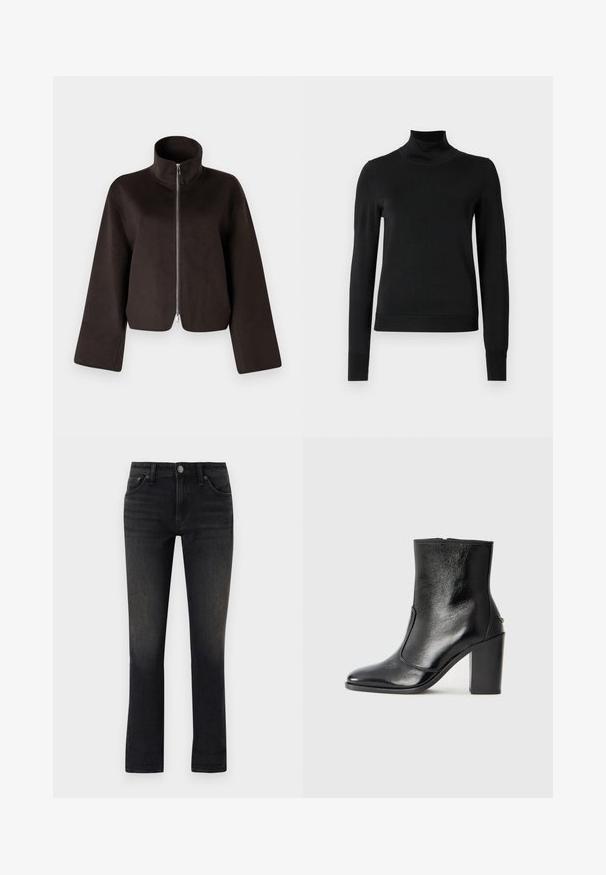 Must värvitud lühikeste varrukatega fliisjakid, millel on kõrge krae, täispikkus tõmblukk ja laiad varrukad, millel on pehme tekstuur ja sile viimistlus.; Mustmusterta mustaga pikkade varrukatega kõrge kaelusega sviiter, millel on ribakudumisega mansetid ja äär, esitatud lihtsal valgel taustal.; rag & bone DRE LOW RISE BOYFRIEND - Liibuvad teksad - cornelia; Must kõvale nahast pahklipsu saapad, millel on sile tekstuur, terav varvas ja paks kõrge kann. Omab külgavatust ja minimalistlikku disaini.