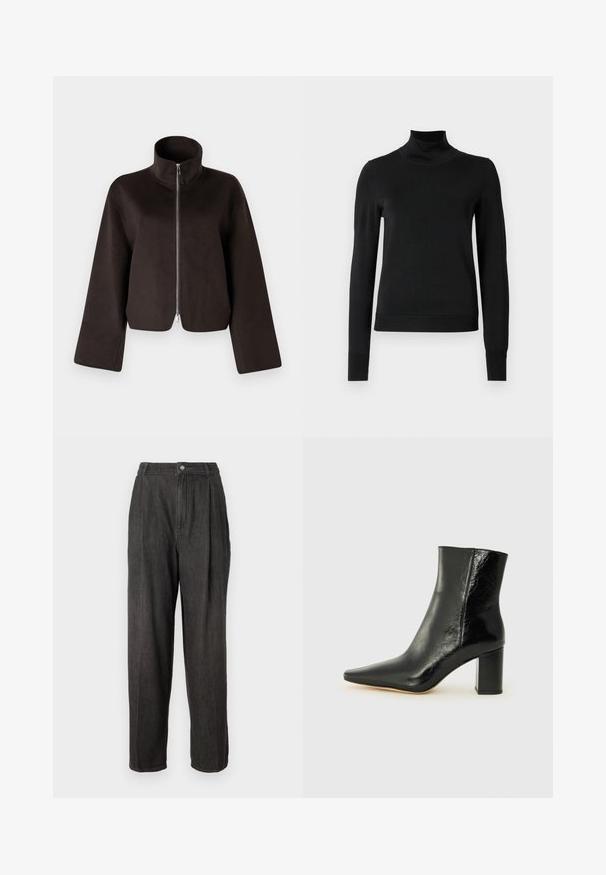 Chaqueta de forro polar negra recortada con un alto cuello, cremallera completa y mangas amplias, que presenta una textura suave y un acabado liso.; Suéter negro de manga larga con cuello de tortuga, con puños y dobladillo acanalados, exhibido sobre un fondo blanco liso.; Pantalones de mezclilla gris oscuro con cintura alta, pliegues en la parte delantera, perneras rectas y cierre de botón único en la cintura.; Botín negro hasta el tobillo fabricado en cuero brillante con punta afilada y tacón cuadrado y grueso. Presenta una textura suave y un diseño minimalista.