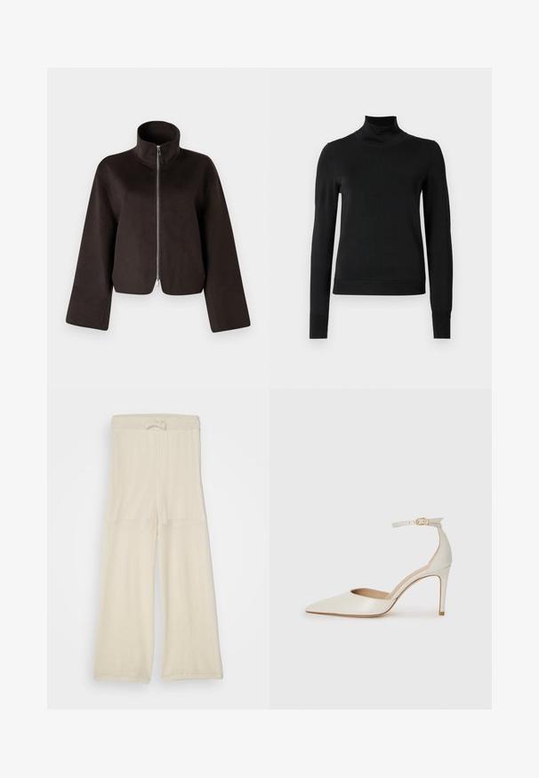 Čierna skrátená flísová bunda s vysokým golierom, plným zipsom a širokými rukávmi, ktorá sa vyznačuje mäkkou textúrou a hladkou povrchovou úpravou.; Čierny dlhý rukáv rolák s rebrovanými manžetami a lemom, zobrazený na čistej bielej pozadí.; Svetlo béžové, široké nohavice z sieťoviny s pásom na šnúrku, ponúkajúce voľný strih a textúrovaný povrch. Vhodné na neformálne nosenie.; Biele kožené topánky na vysokom podpätku s špicatou špičkou, remienkom okolo členka a štíhlym stiletto podpätkom. Hladký povrch s jemným lesklým povrchom.