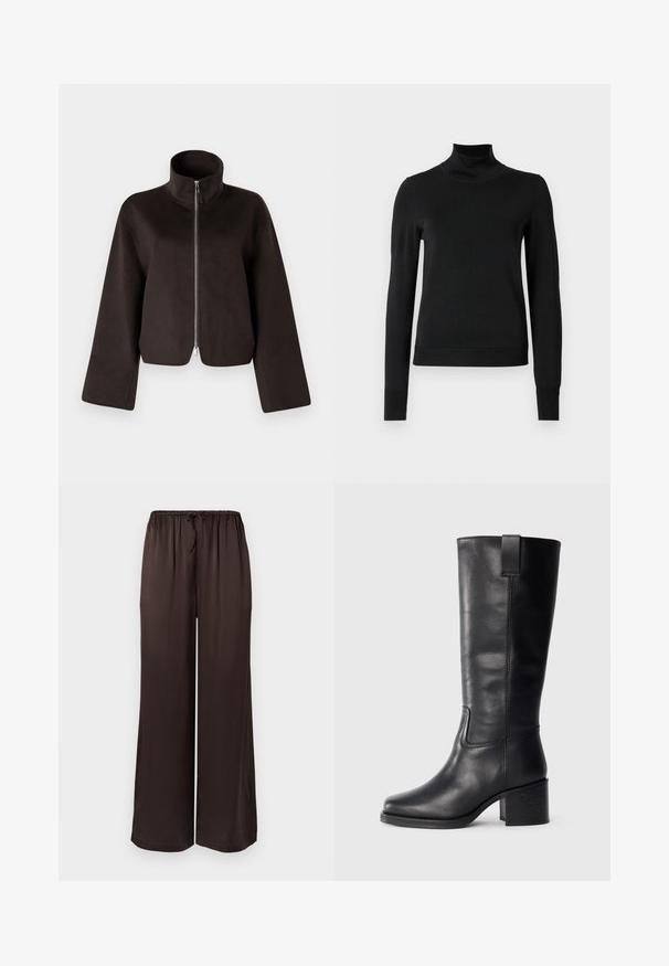 Black cropped fleece jacket with a high collar, full zip, and wide sleeves, featuring a soft texture and smooth finish.; Black long-sleeve turtleneck sweater with ribbed cuffs and hem, displayed on a plain white background.; Black, wide-leg trousers made from smooth fabric with an elastic waistband and drawstring. Features a loose, flowing design.; Black leather knee-high boots with a smooth texture, square toe, block heel, and side pull tab, featuring minimal stitching details.