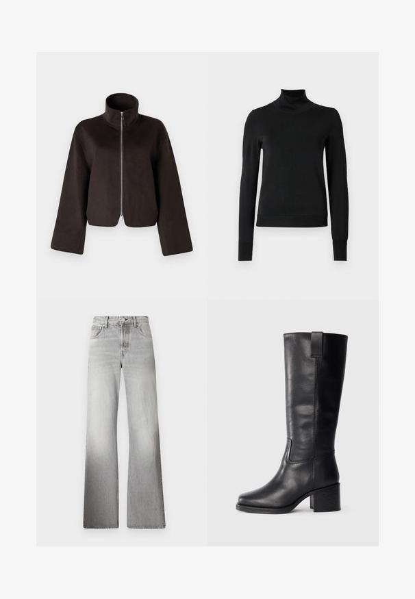 Must värvitud lühikeste varrukatega fliisjakid, millel on kõrge krae, täispikkus tõmblukk ja laiad varrukad, millel on pehme tekstuur ja sile viimistlus.; Mustmusterta mustaga pikkade varrukatega kõrge kaelusega sviiter, millel on ribakudumisega mansetid ja äär, esitatud lihtsal valgel taustal.; Halli denim laiad püksid kõrge vöökohaga, pleekinud tekstuuriga, viie taskuga ning tõmblukuga, millel on nööbikinnitus.; Musthave mustad nahktoodete bikiinibootid, millel on sile pind, ruudukujuline varvas, plokk-kand ja külgmine tõmbeaas, minimaalse õmblusega detailid.